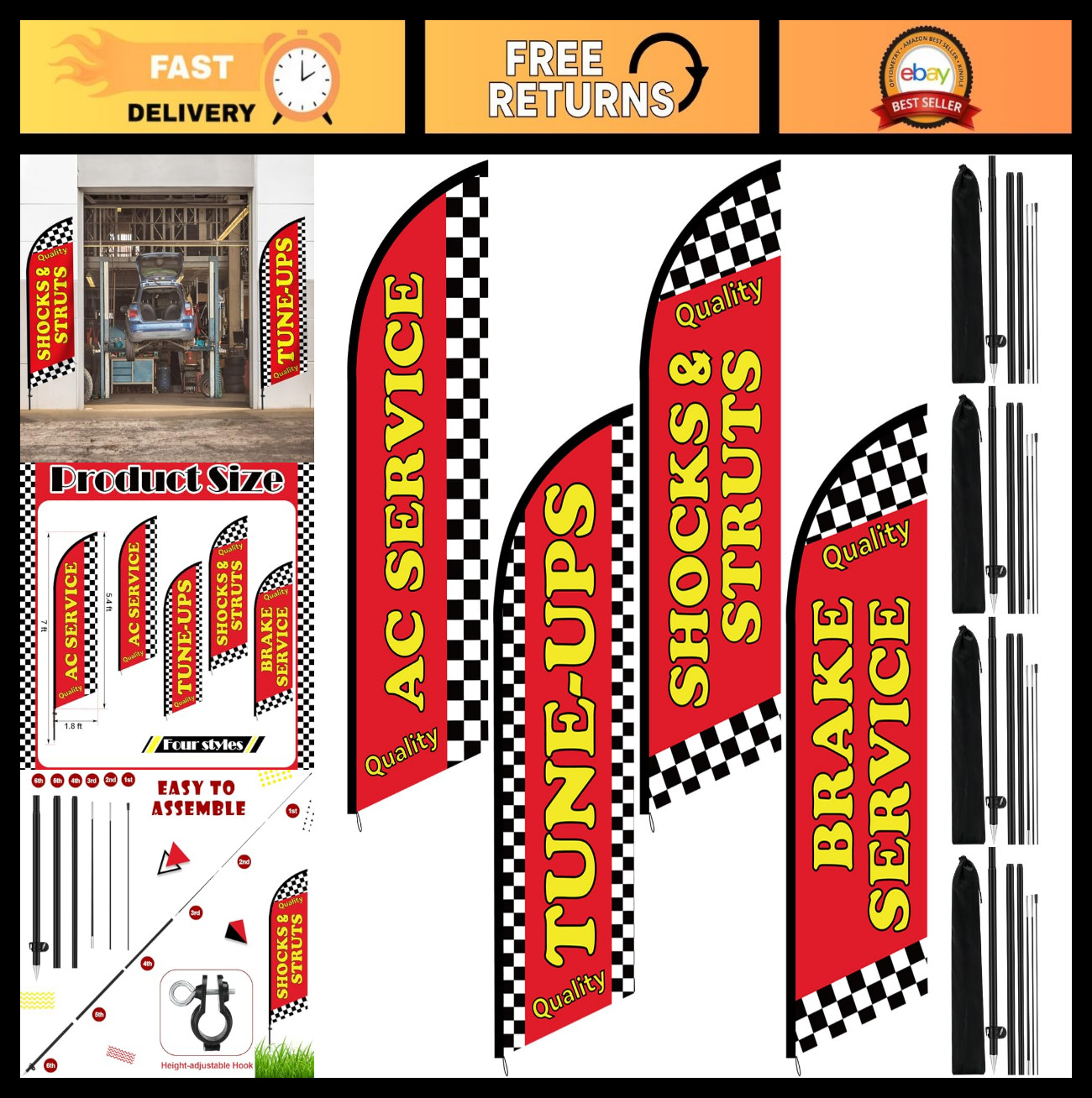 4 Set 7ft Feather Flags for Auto Repair Shop – Vibrant Advertising Kit with Pole