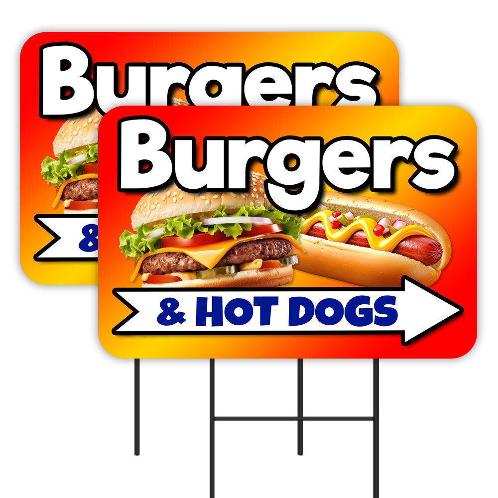 Burgers & Hot Dogs 2 Pack Double-Sided Yard Signs 16&Prime; x 24&Prime; with Metal Stakes (M