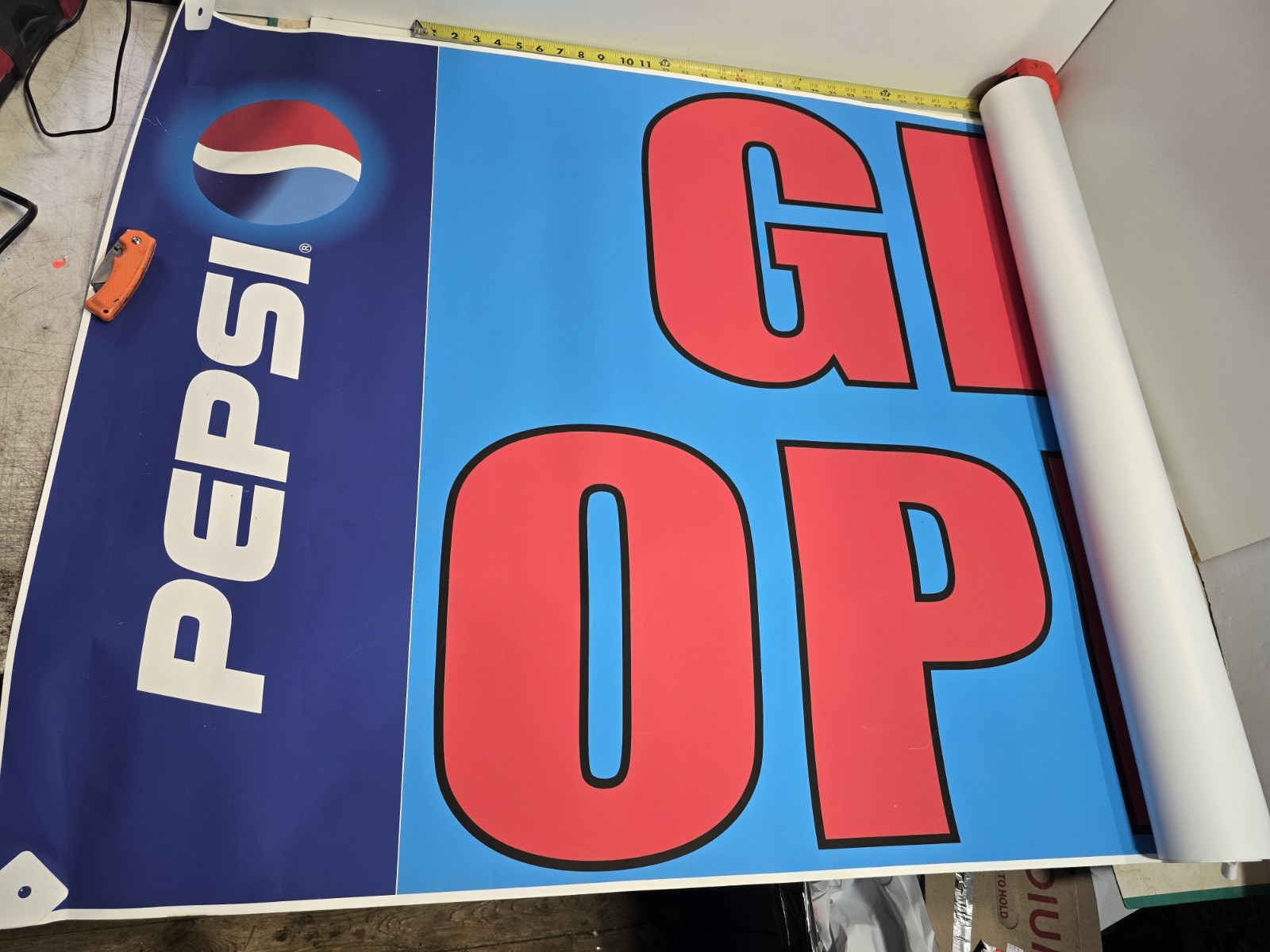 PEPSI 3&prime; X 8&prime; foot GRAND OPENING BANNER, Good shape, vinyl/paper glossy