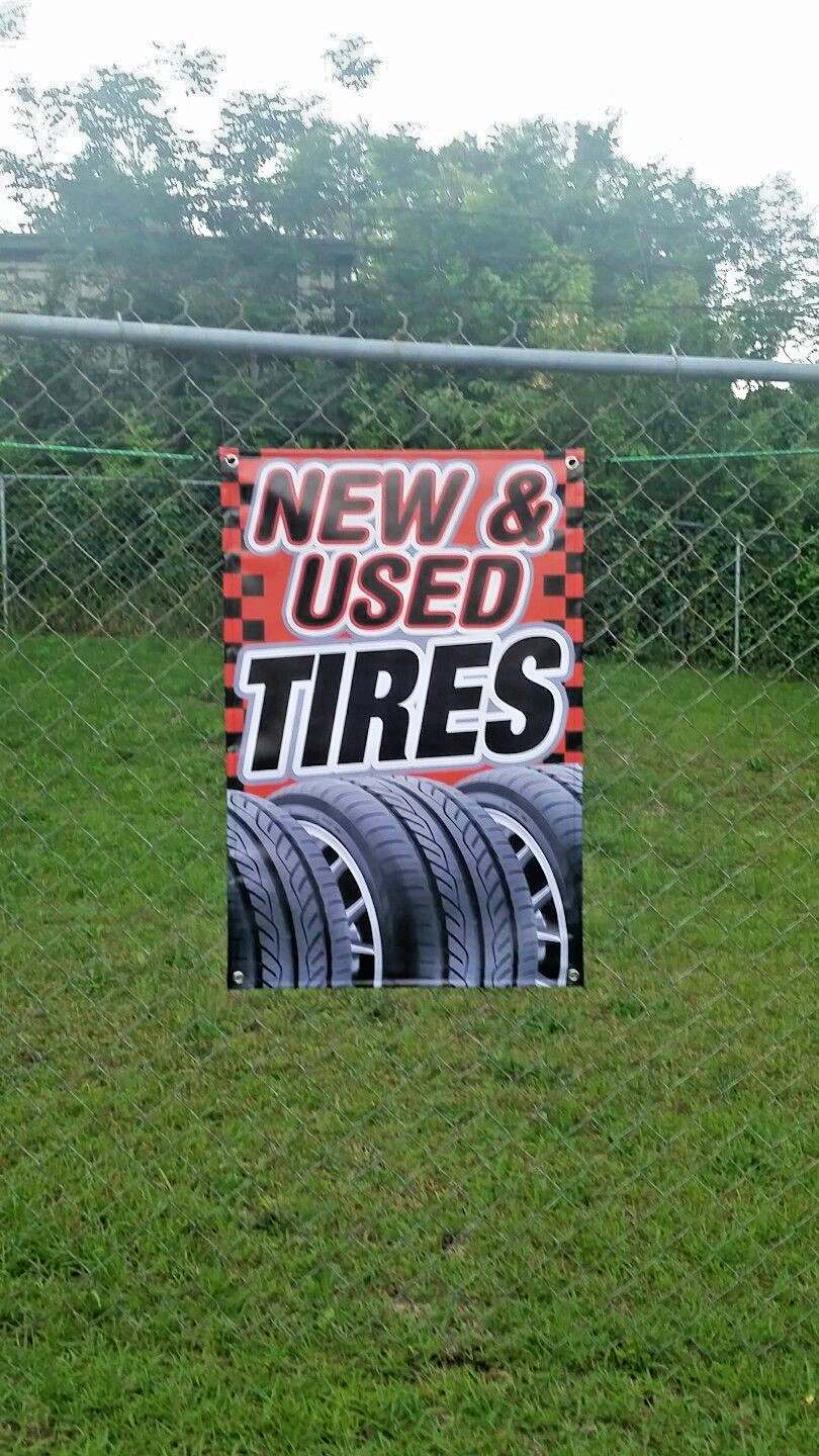 2X3 NEW & USED TIRES Banner Display Red Auto Shop Mechanic Open Sign Wheels Rims