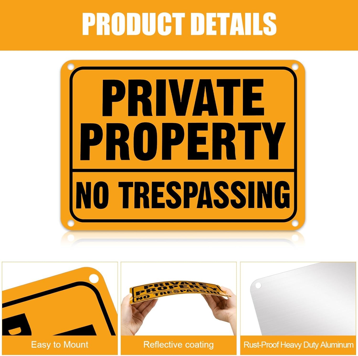 Reflective No Trespassing Signs 4 Pack 7×10 Aluminum Warning Property Security