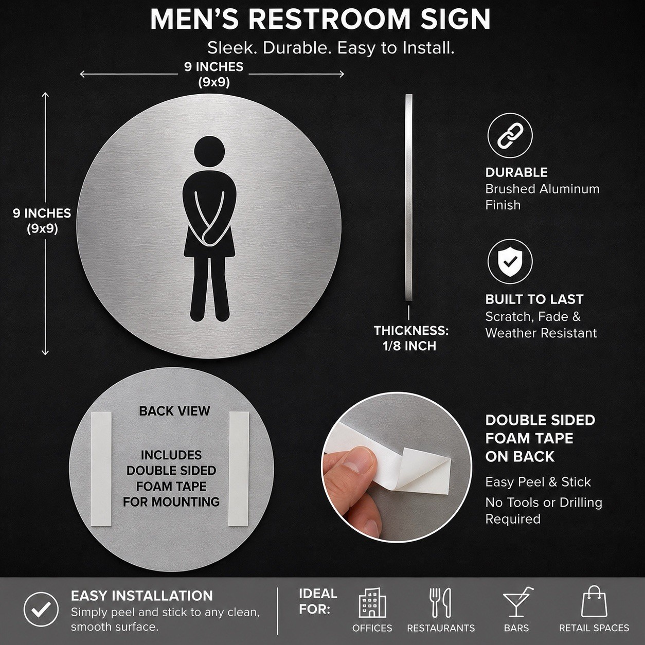 Women’s Restroom Sign 9” Round Brushed Aluminum Door Scratch Weather Resistant