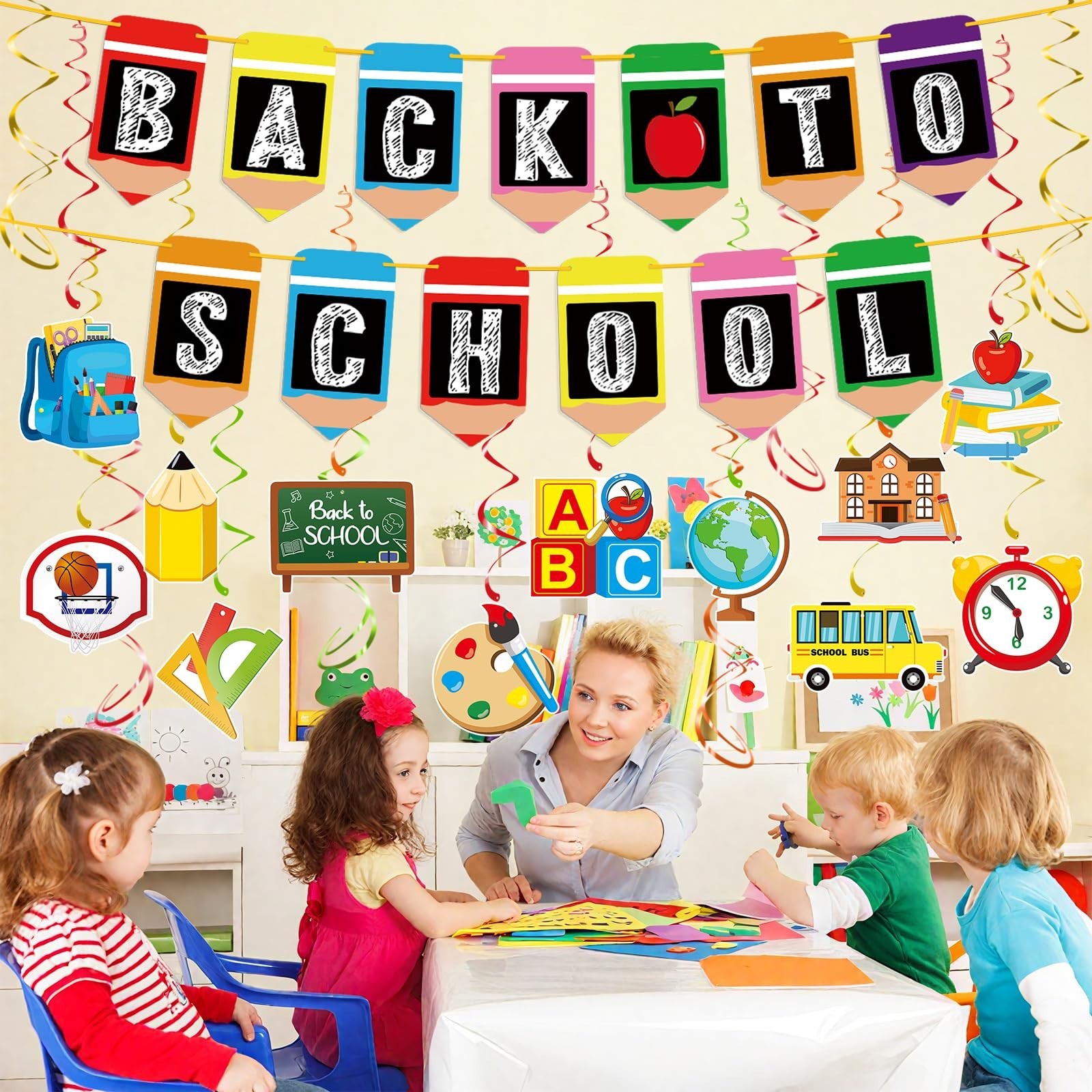 Back to School Banner with Hanging Swirls, Hanging Back to School Decorations…