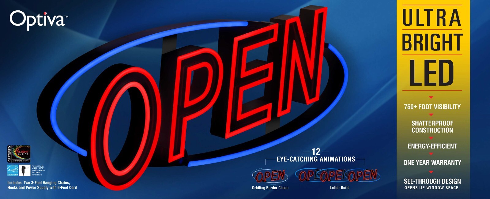 Optiva Open Signs | Neon Open Sign Look, LED Lights | 12 Eye-Catching Animations