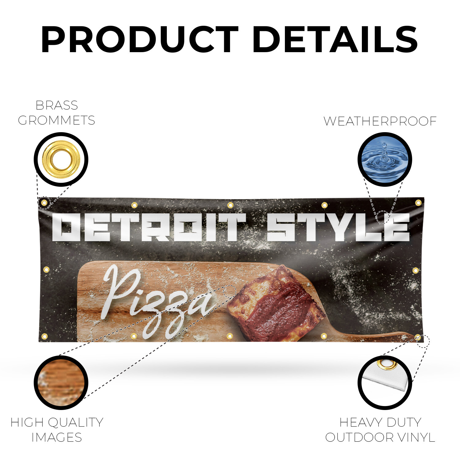 Detroit Style Pizza Vinyl Banner Sign with Metal Grommets Heavy-Duty