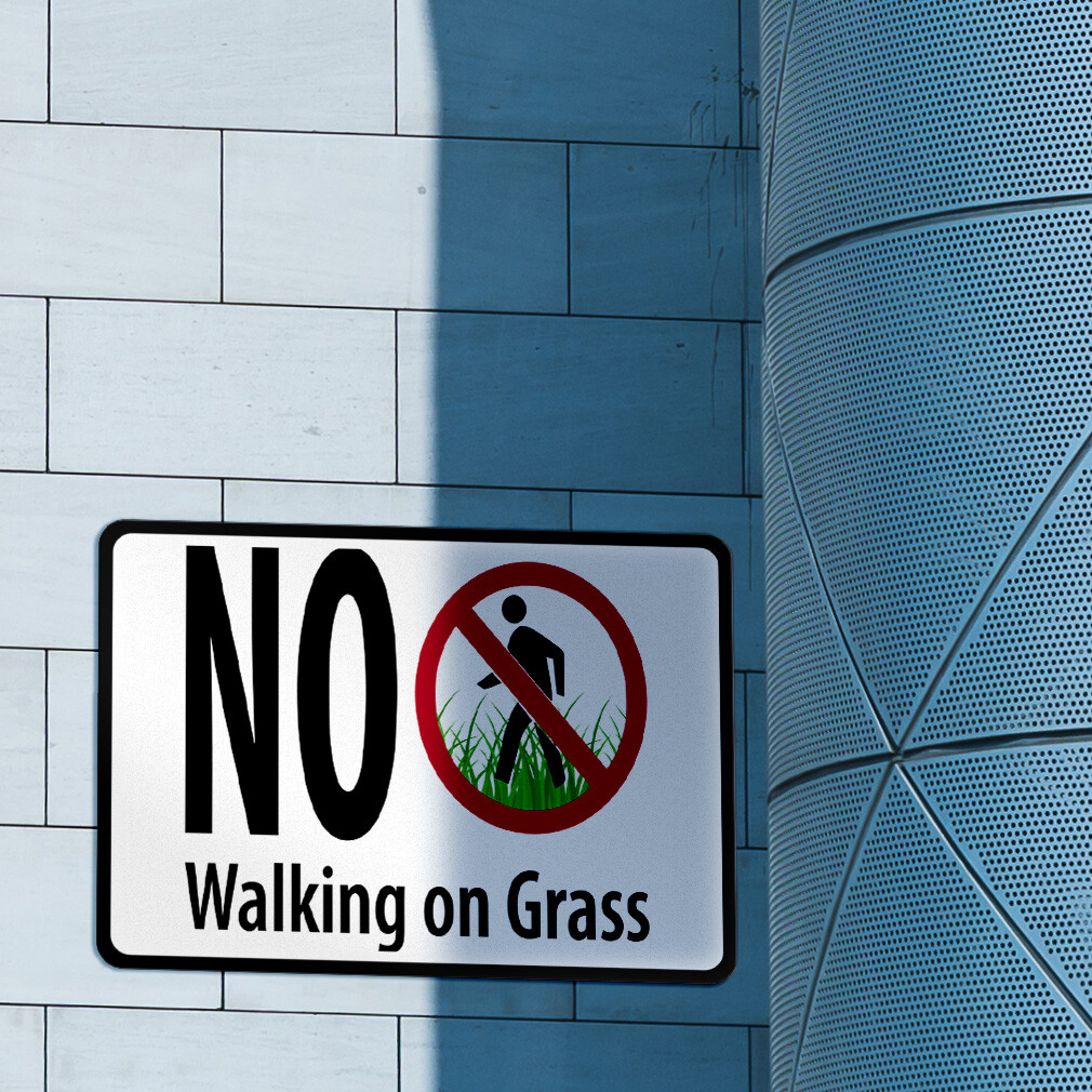 Horizontal Metal Sign No Walking on Grass Hazard Keep off White