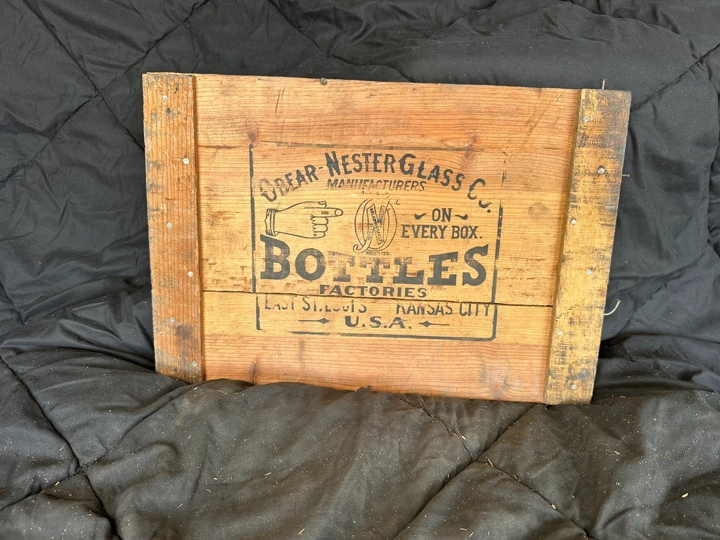 Antique Obear-Nester Glass Co Bottles Wood Panel Sign Off Crate St Louis KC