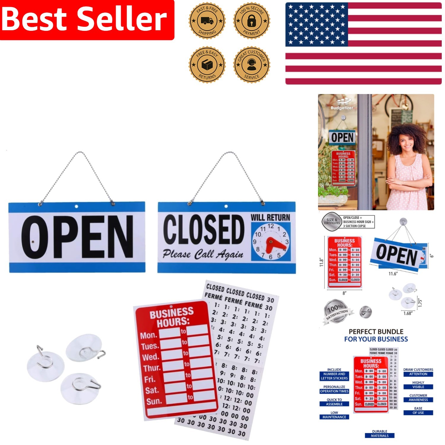 Open Signs Business Bundle: Customizable Hours, Will Return Clock, Suction Cups