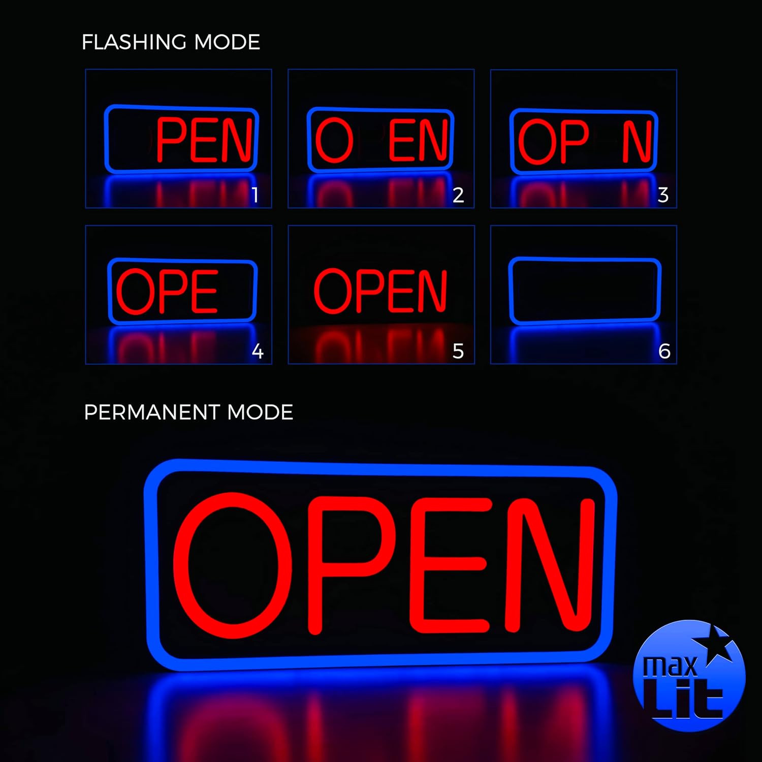Ultra Bright 21 » X 10 » Remote Controlled OPEN Sign – Energy Efficient (Blue/Re