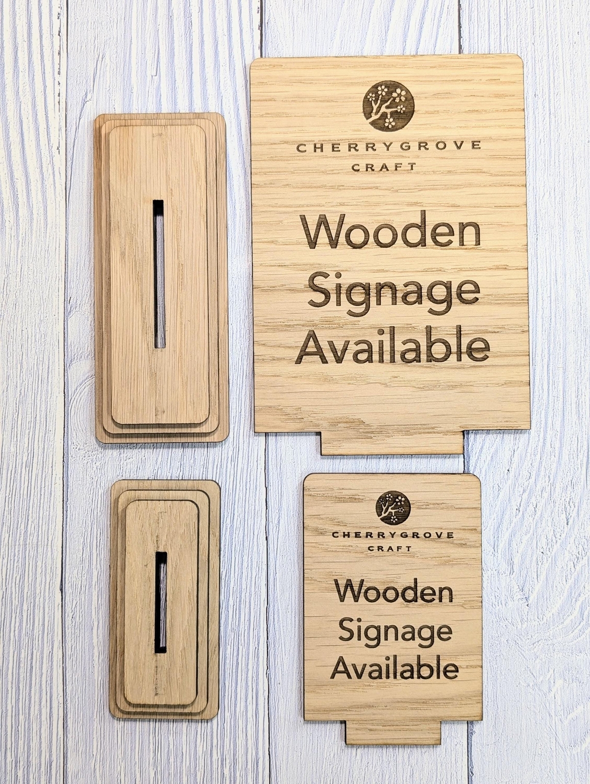 Personalised Wooden Table Signs – Custom Text, Logo, Freestanding, 2 Sizes