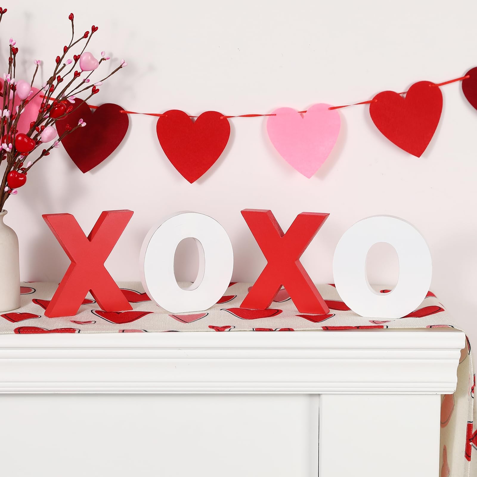 Wooden XOXO Tabletop Sign Classic White Red Valentines Day Decor Home Shelf