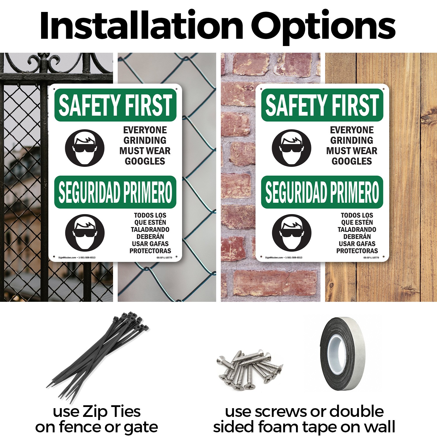 Everyone Grinding Bilingual OSHA SAFETY FIRST Sign Metal, Decal – 5 or 10 Pack
