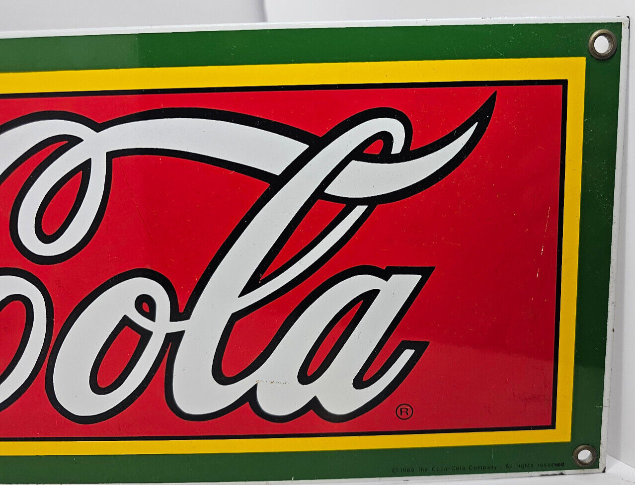 Vintage 1989 Coca Cola Porcelain Advertising Sign Classic Red & Green 18&Prime; x 6&Prime;