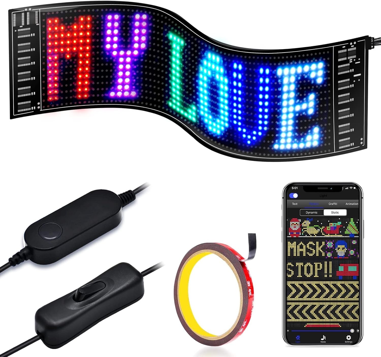 Portable LED Sign for Car, Flexible Design, Bluetooth App