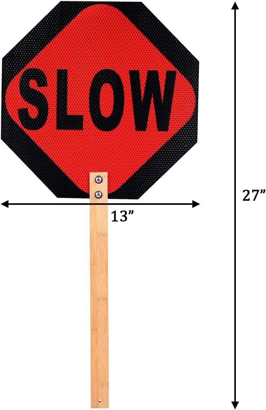 Portable Aluminum Handheld Stop Slow Sign, 13 Inch with Sturdy Bamboo Handle
