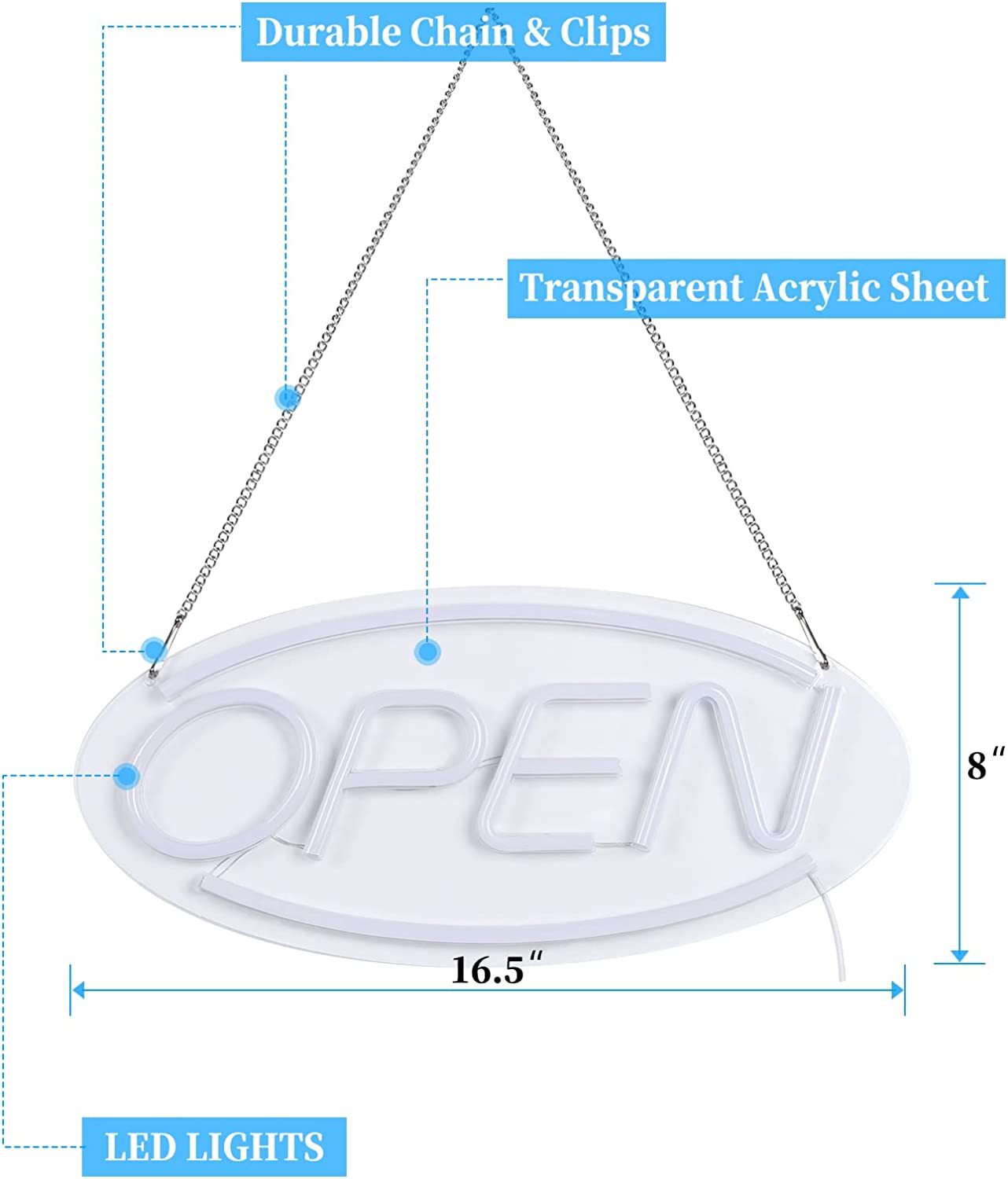 16.5&Prime; x 8&Prime; Ultra Bright LED Neon Light OVAL OPEN Business Sign for Office, Bar