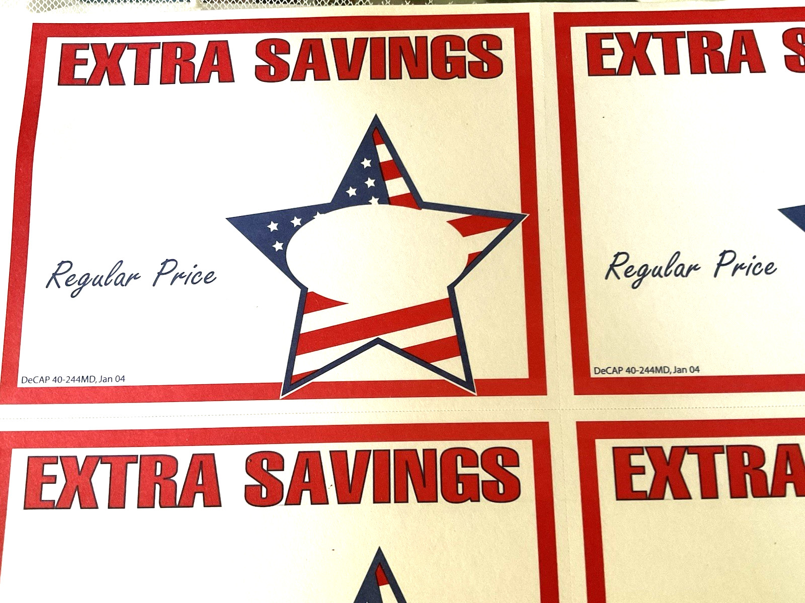 Sale Signs Extra Savings 100 Cards Red White Blue Star 5-1/2&Prime; x 4-1/4&Prime; New