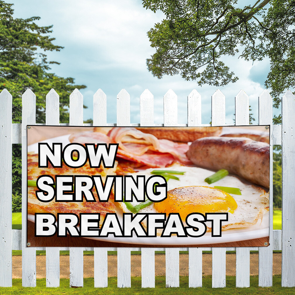 Vinyl Banner Multiple Sizes Now Serving Breakfast Business D Lifestyle Outdoor