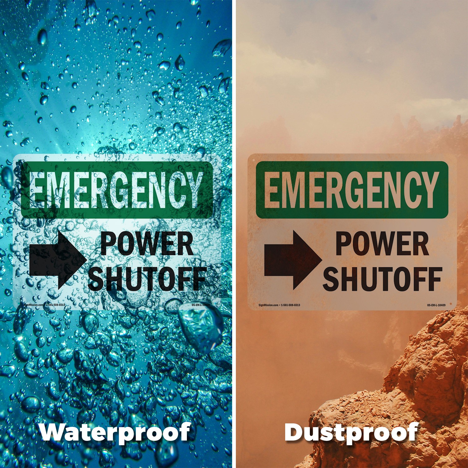 Power Shutoff [Right Arrow] With Symbol OSHA Emergency Sign, Decal 5 or 10 Pack