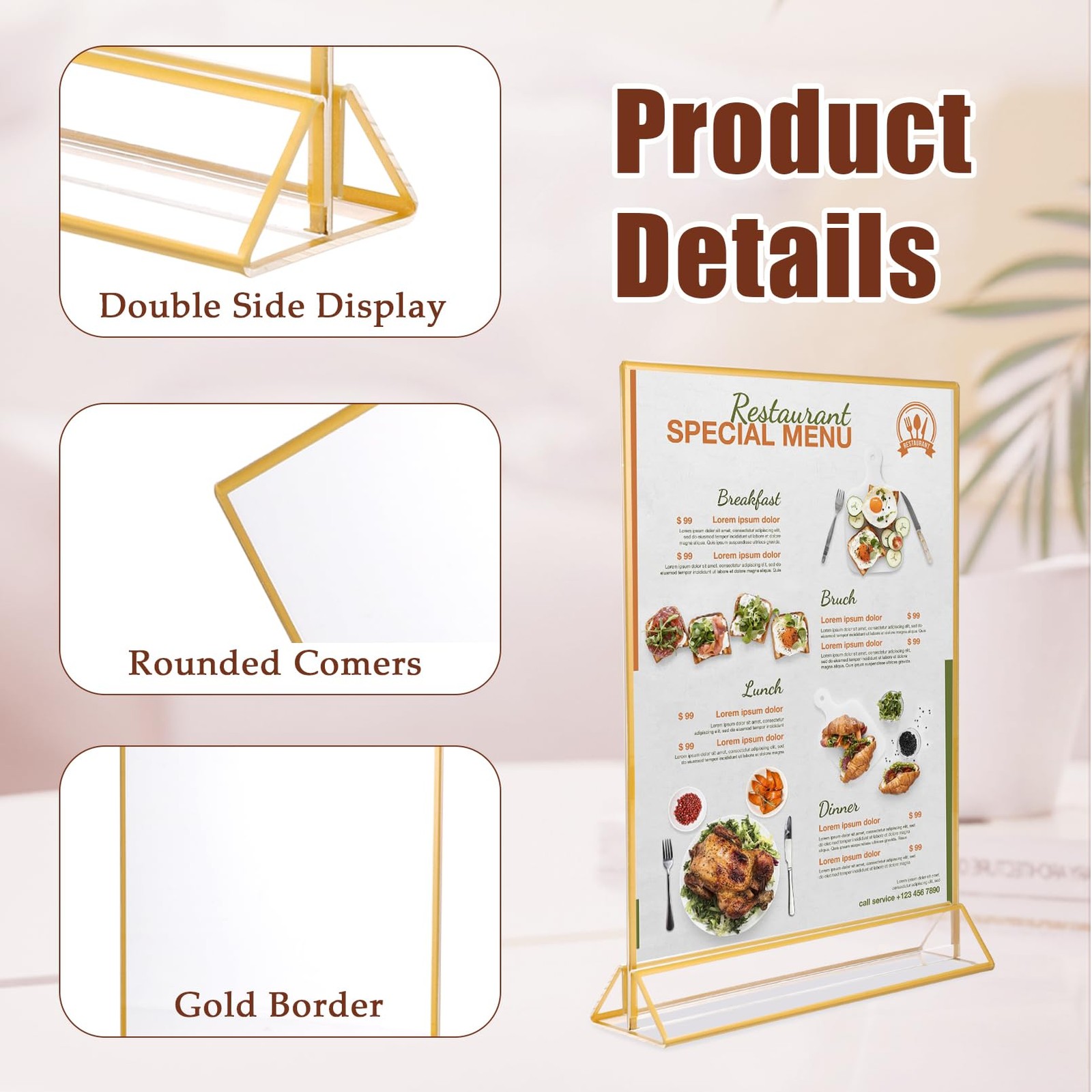 PUREZON 5×7 Acrylic Sign Holder, 4 Pack Double-Sided Clear inches, golden