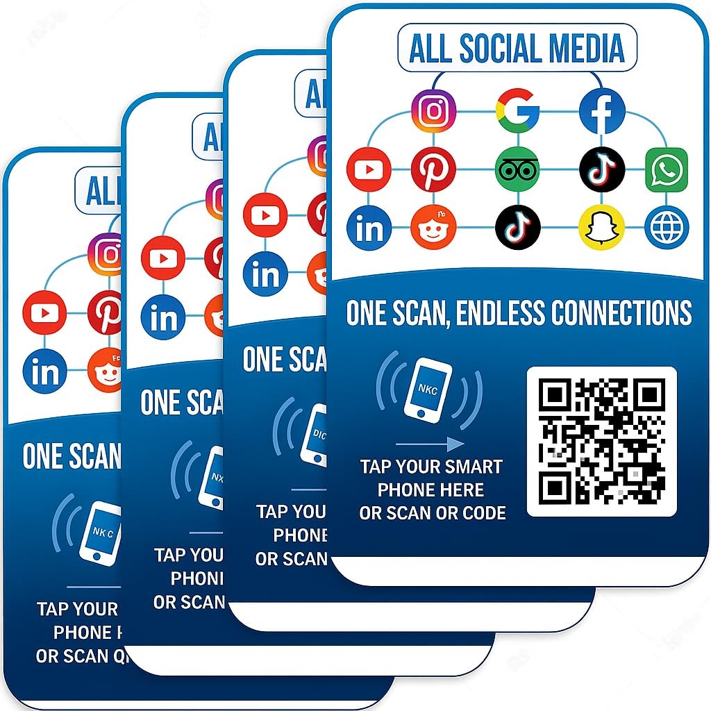 Social Media Networking & Review Hub Cards – 4-Pack NFC + QR Code Tags for Bu…