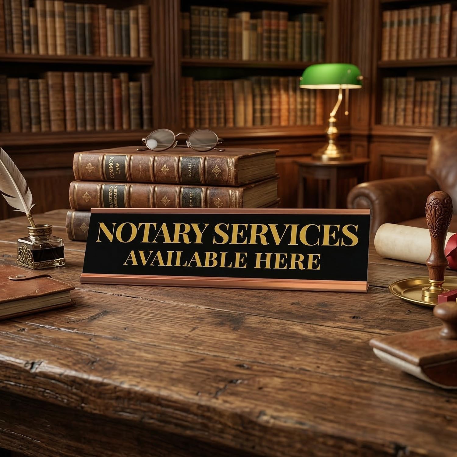 Signs ByLITA Notary Services Available Here Gold Frame Desk Sign (2×8&Prime;)
