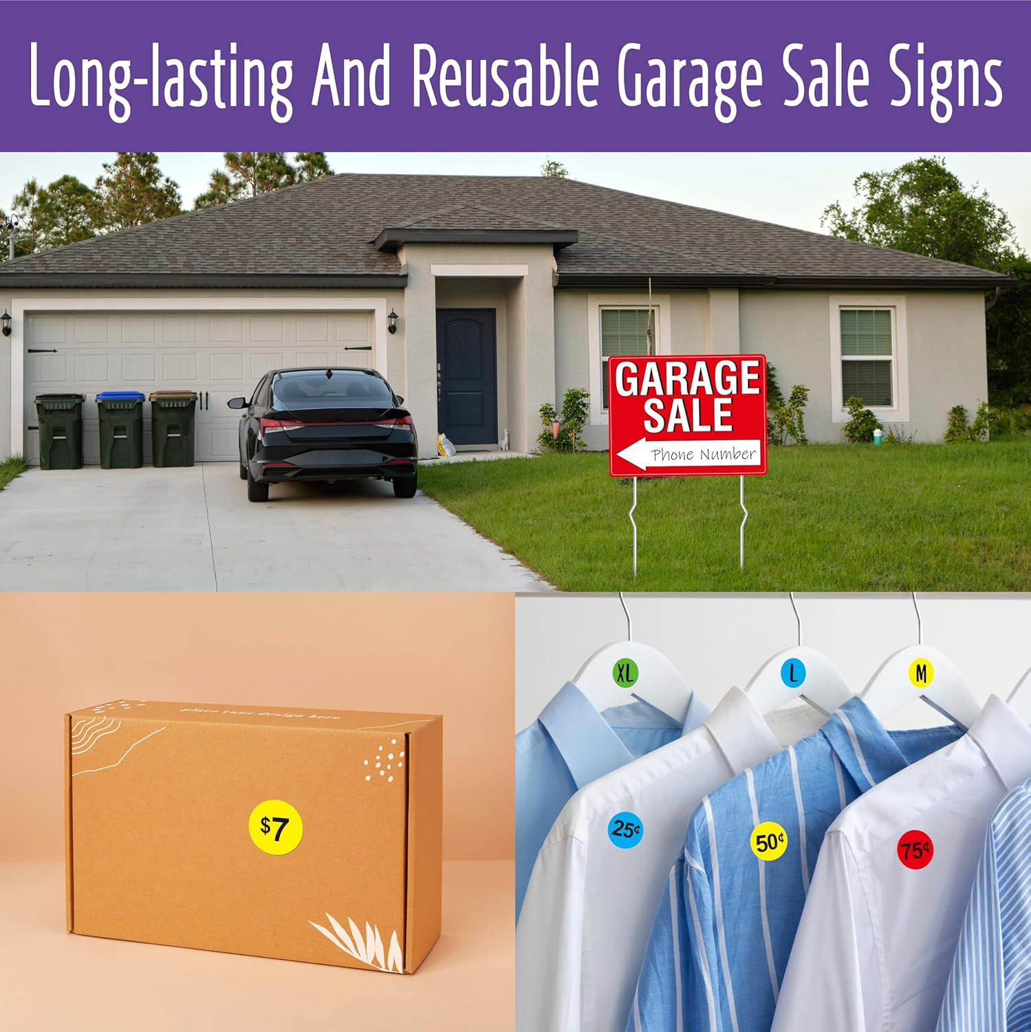 Garage Sale Sign, 3PCS Double Sided Yard Sale Signs with 6 Metal Stakes & 960 Sa