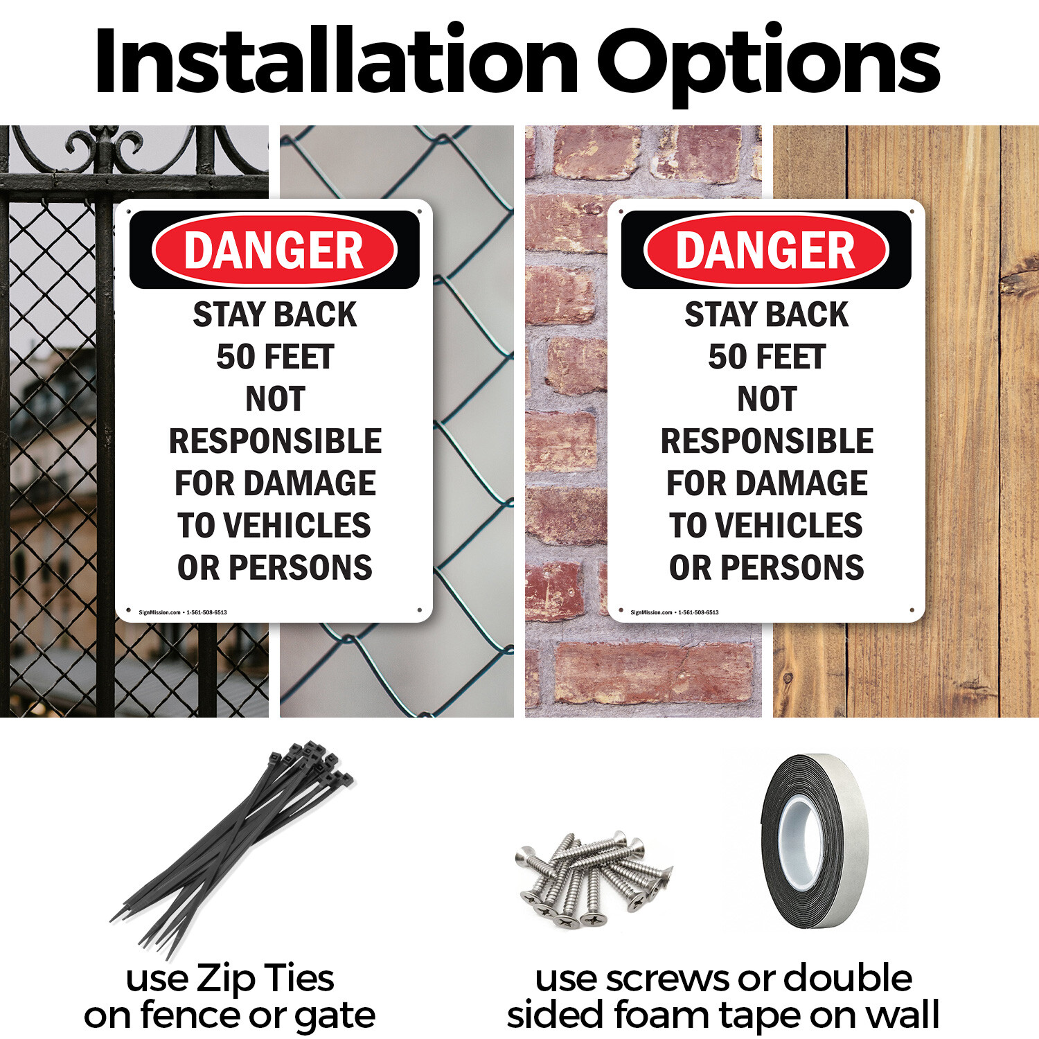 (2 Pack) Stay Back 50 Feet Not Responsible OSHA Danger Sign Decal Metal Plastic