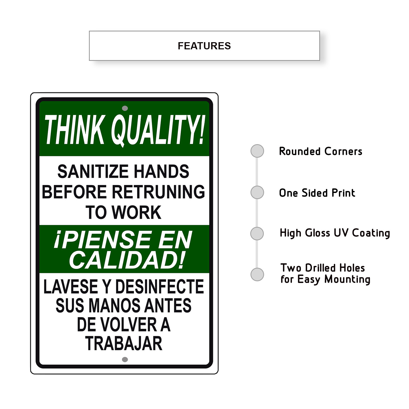 Think Quality Sanitize Hands Before Returning To Work Safety Aluminum Metal Sign