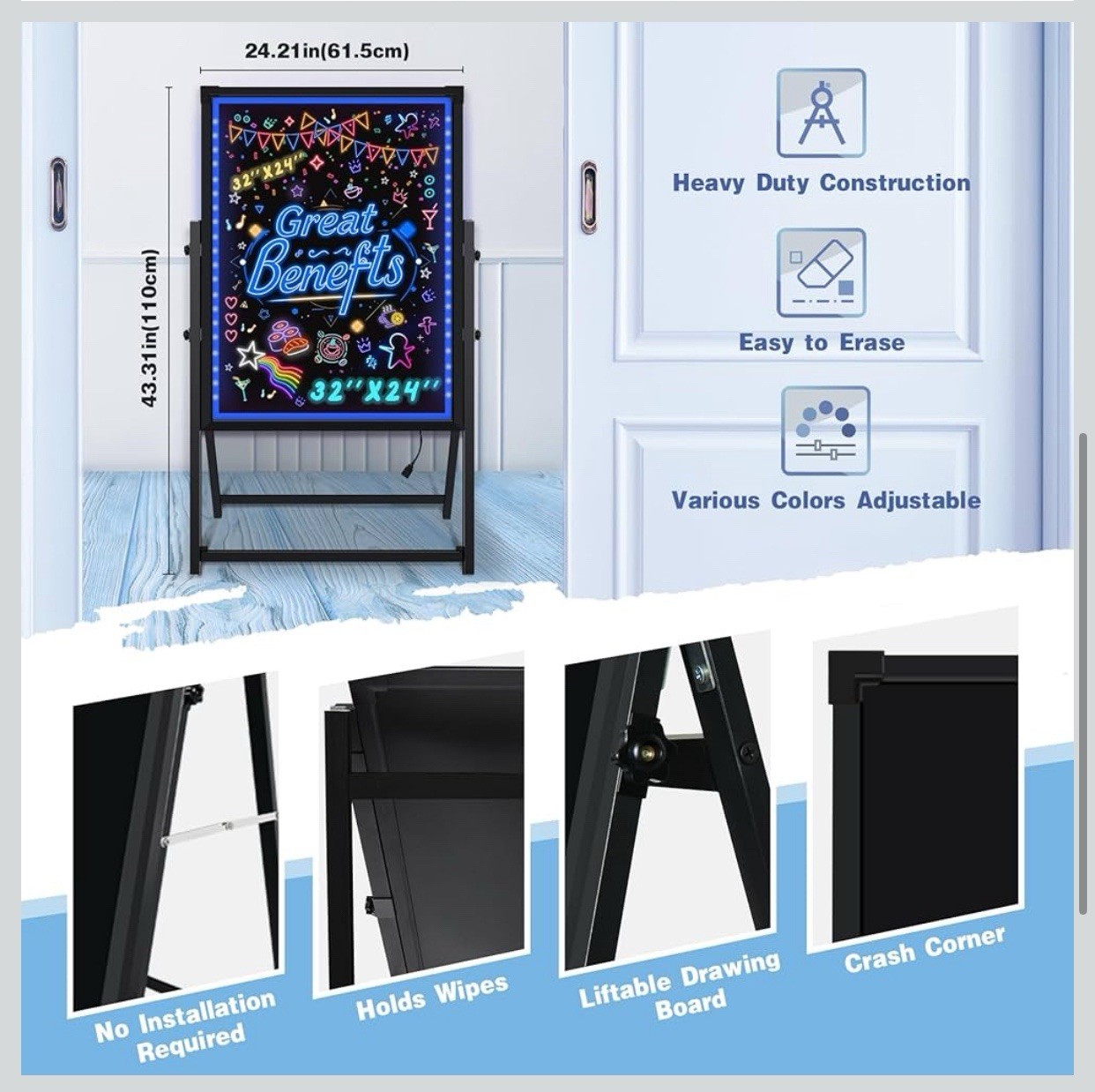 Hosim Standing A-Frame LED Message Writing Board, 32”x 24&Prime; Illuminated Sign NEW