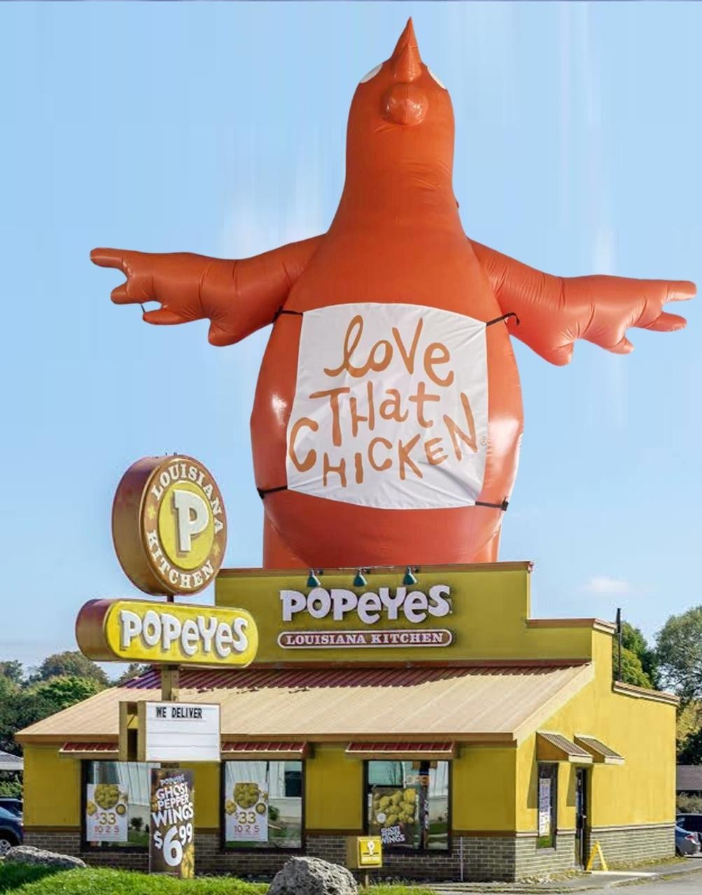 22ft Poppy Popeyes “Love That Chicken Rooftop Balloon | Giant Outdoor Inflatable