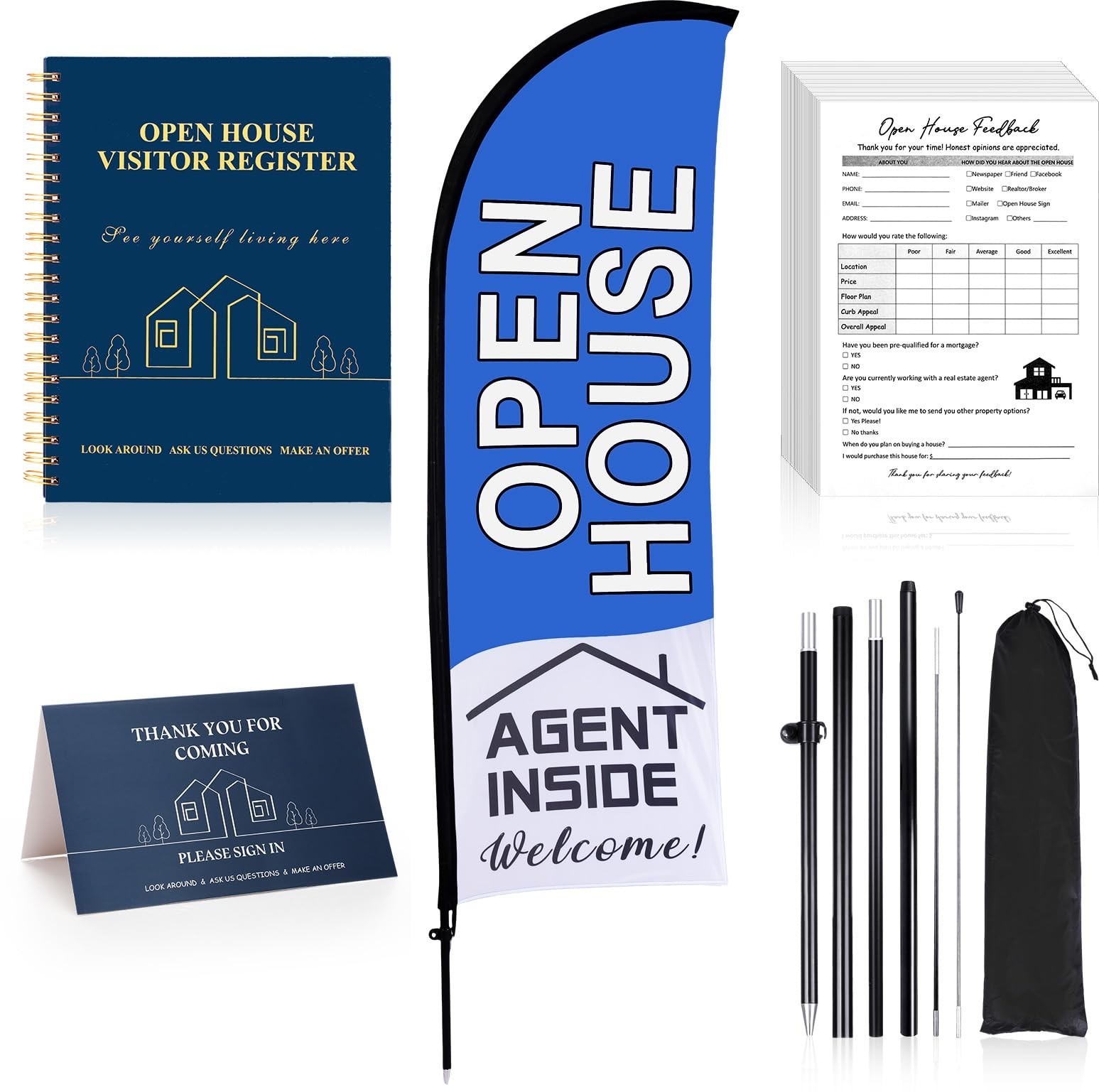 153 Open House Signs Set with Feather Flag, Guest Register, Tent Card & Feedback