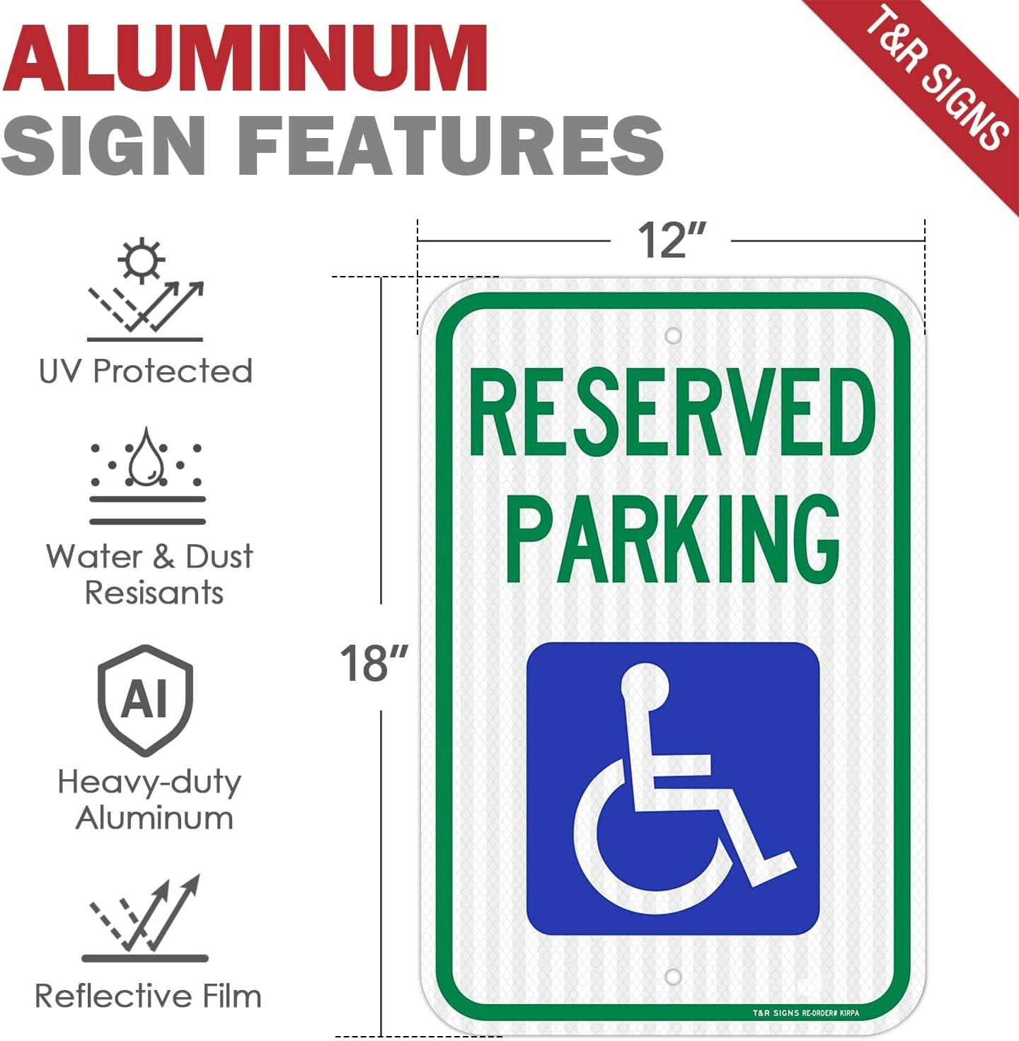 (3 Pack) Handicap Parking Sign, Reserved Parking Sign, Large 18&Prime; x 12&Prime; Engine…