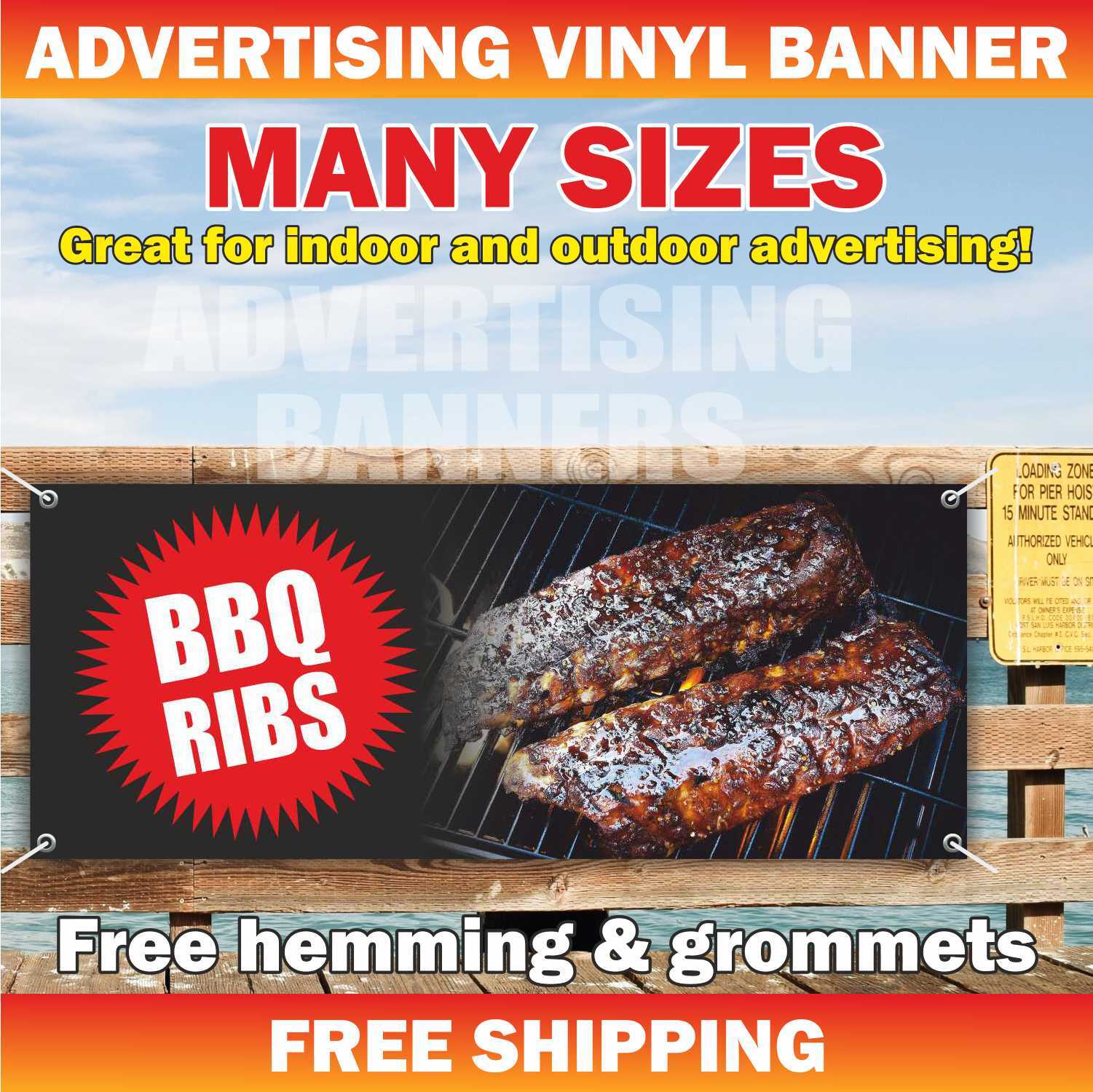 BBQ RIBS Advertising Banner Vinyl Mesh Sign Mexicans Food Beef Tacos BARBEQUE