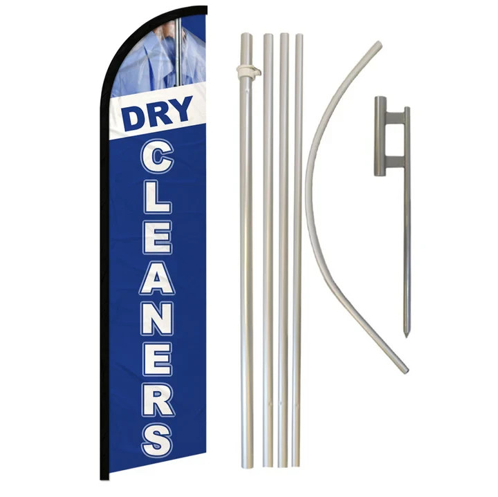 Dry Cleaners Blue Full Curve Windless Swooper Flag Pole Kit Laundromat