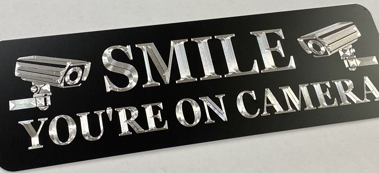 Smile You’re On Camera No Soliciting Diamond Etched Aluminum Metal 12×4 Sign
