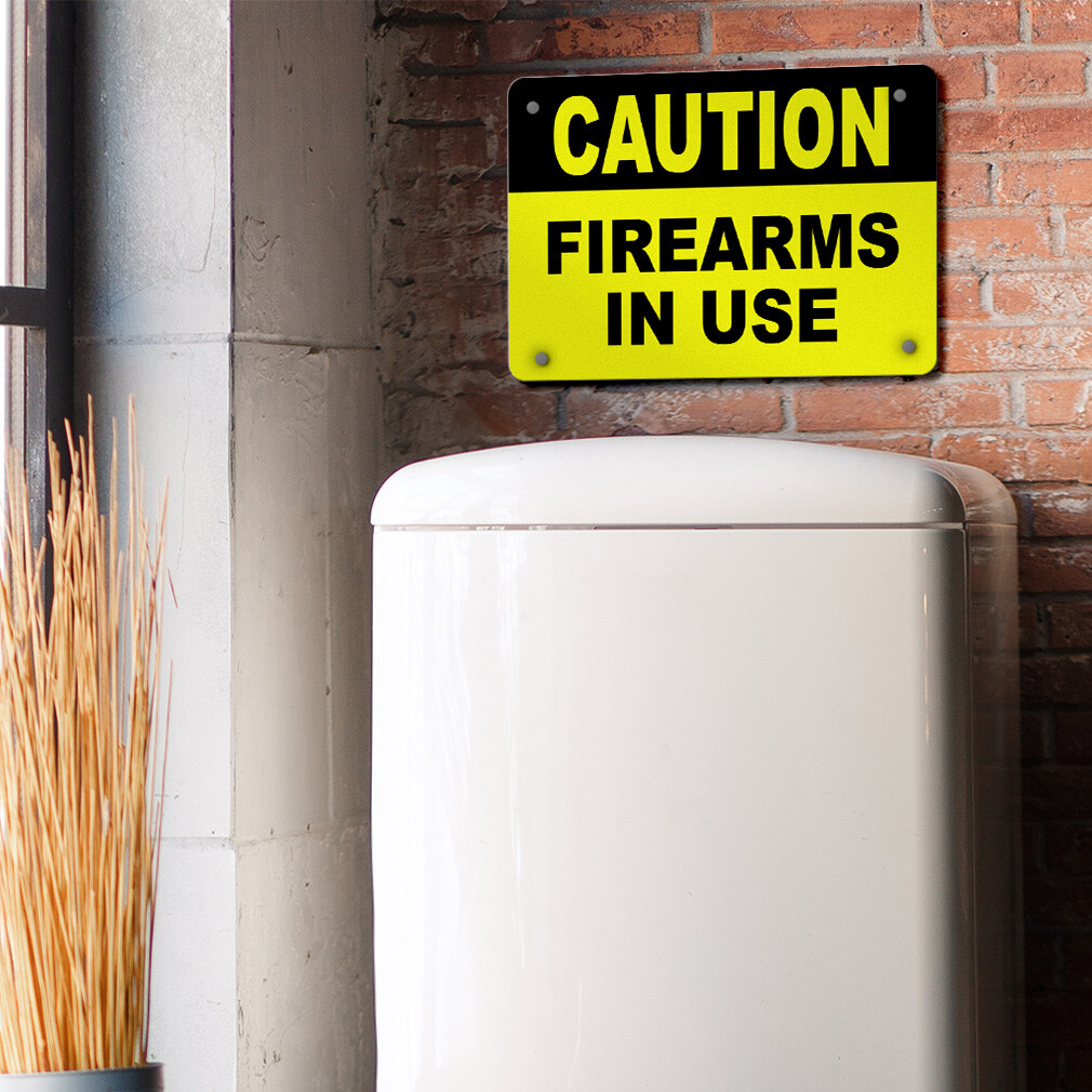 Horizontal Metal Sign Caution Firearms in Use Security Facility Property