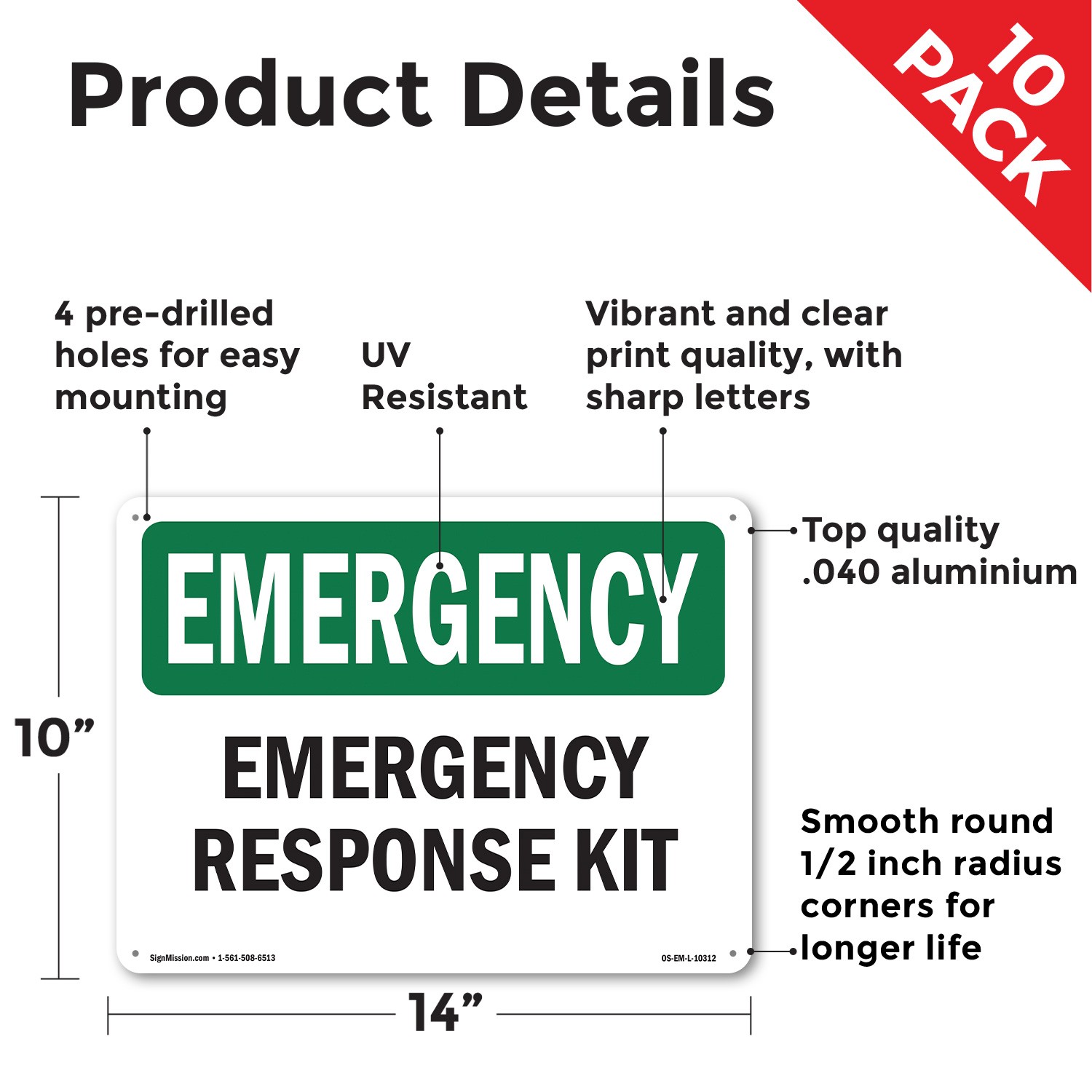 Response Kit OSHA Emergency Sign Metal, Plastic, Or Decal – 5 or 10 Pack