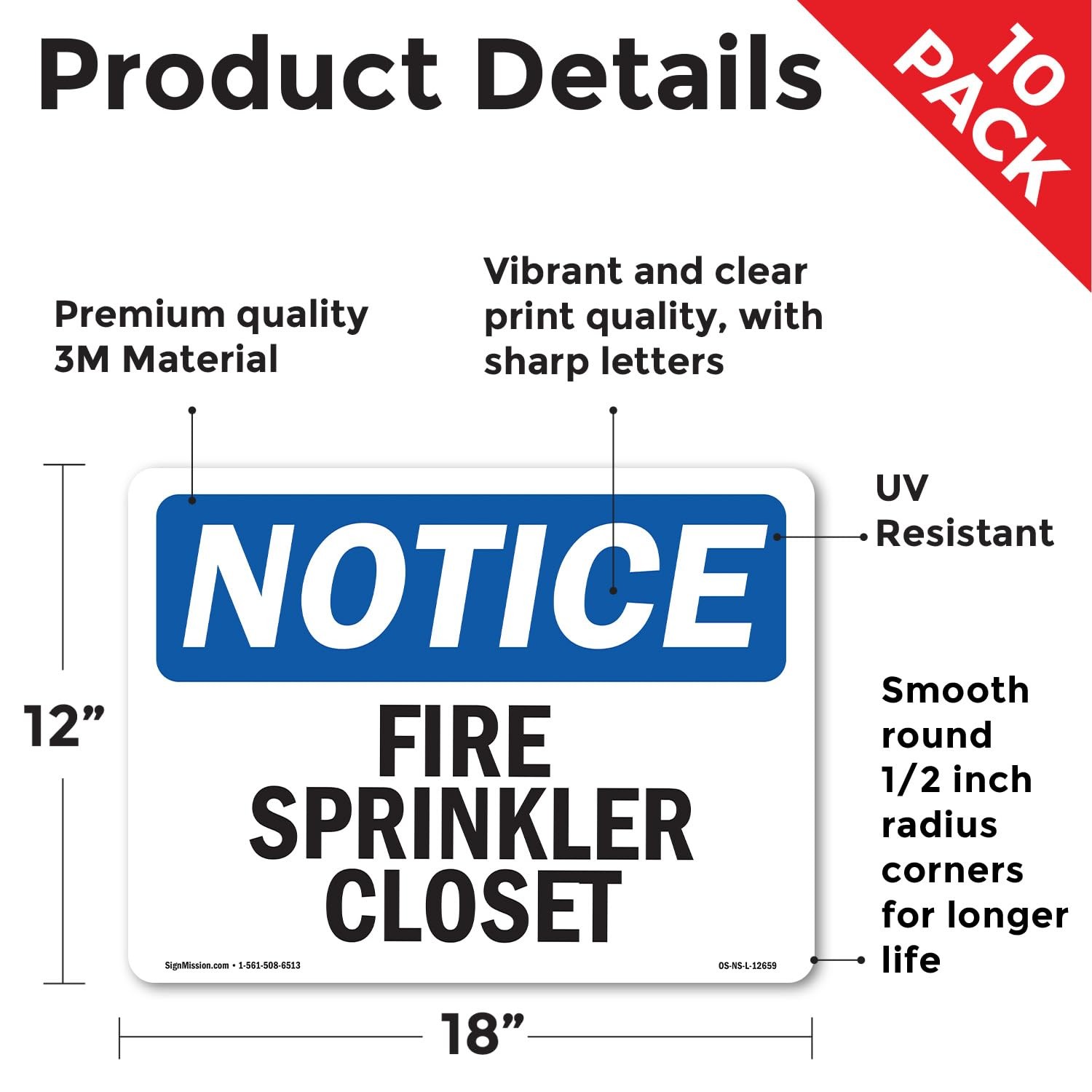 Fire Sprinkler Closet OSHA Notice Vinyl Decal Label 18 Inch x 12 Inch – 10 Pack