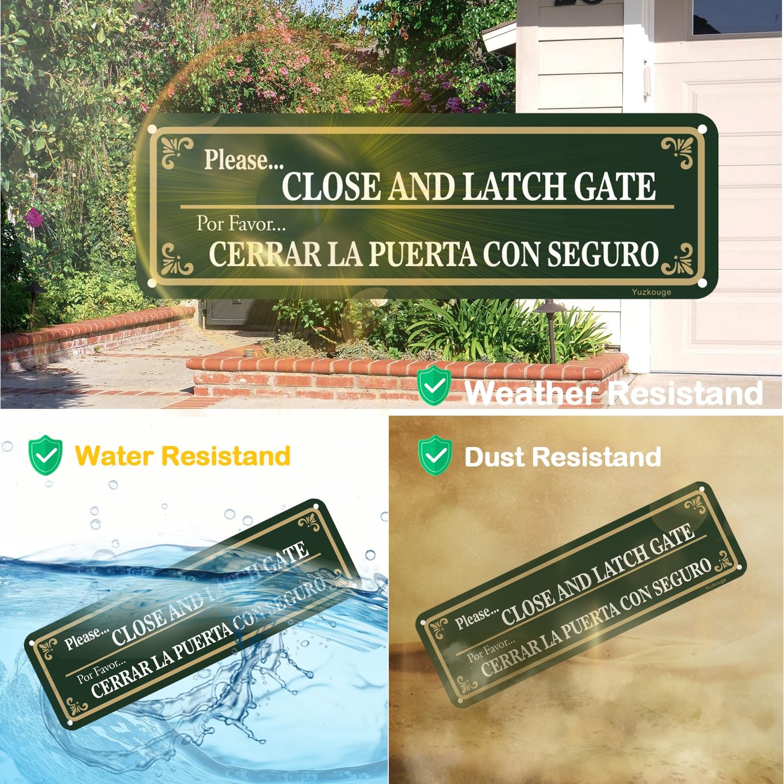 2 Pack 10×3 Inch Please Close And Latch Gate Sign Bilingual English Spanish