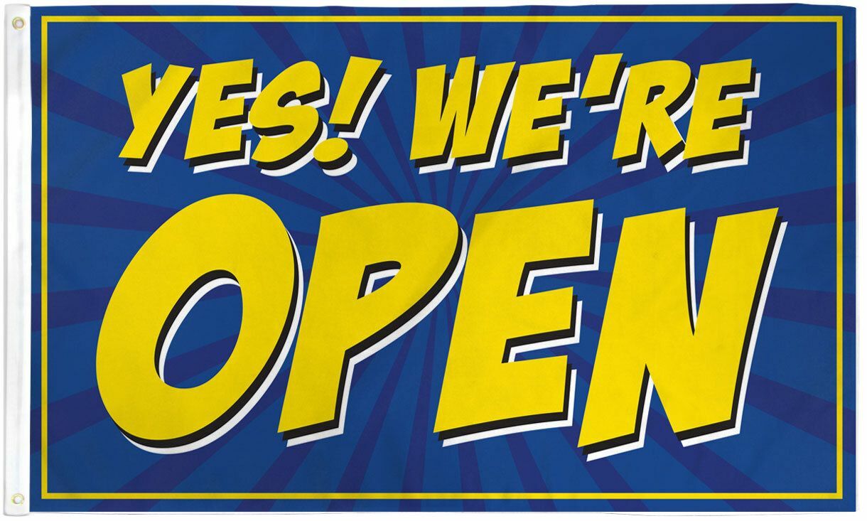 YES! WE&rsquo;RE OPEN Advertising Flag Banner Sign 3×5 ft Business Store Blue