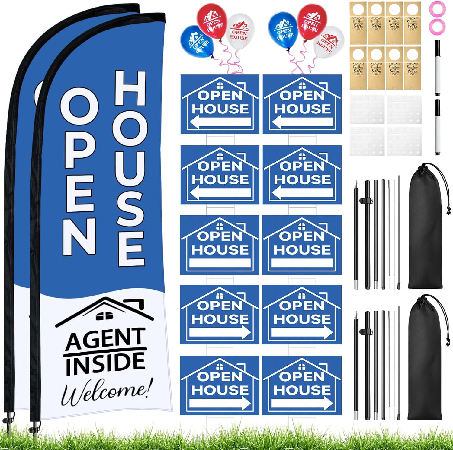 88 Pcs Open House Sign Kit with Flags, Arrows, Stakes & Balloons – Blue