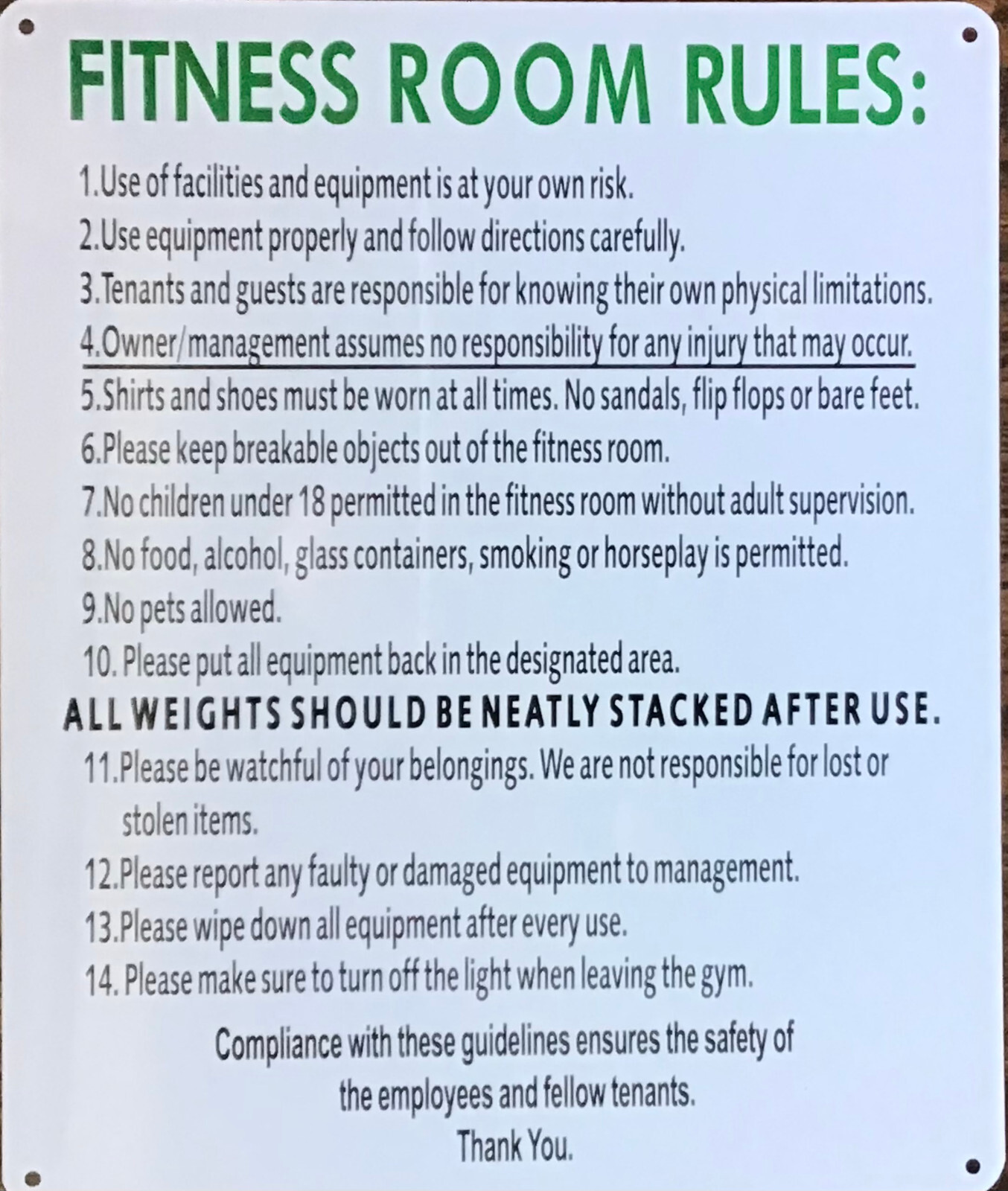 FITNESS ROOM RULES SIGN (10X12, WHITE, ALUMINUM) -REF24-1027