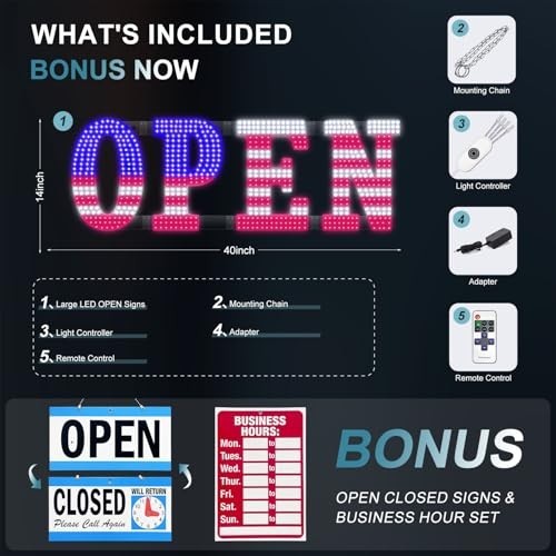 40&Prime; x 14&Prime; LED OPEN Sign with Remote, Dimmable Brightness, Flash Modes for Storef