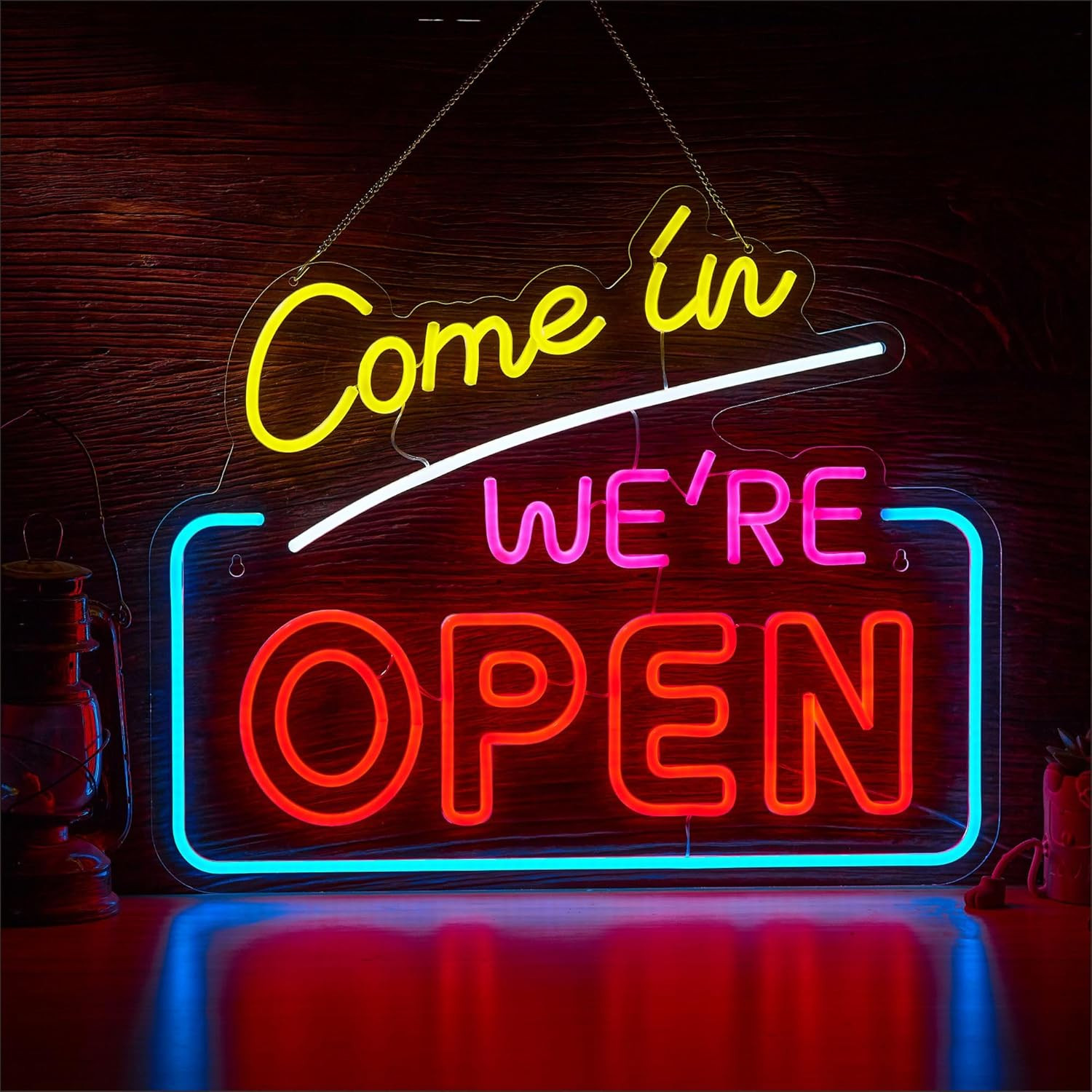 Bright Large Neon « Come In We&rsquo;re Open » Sign for Café, Shop, Bar, Restaurant