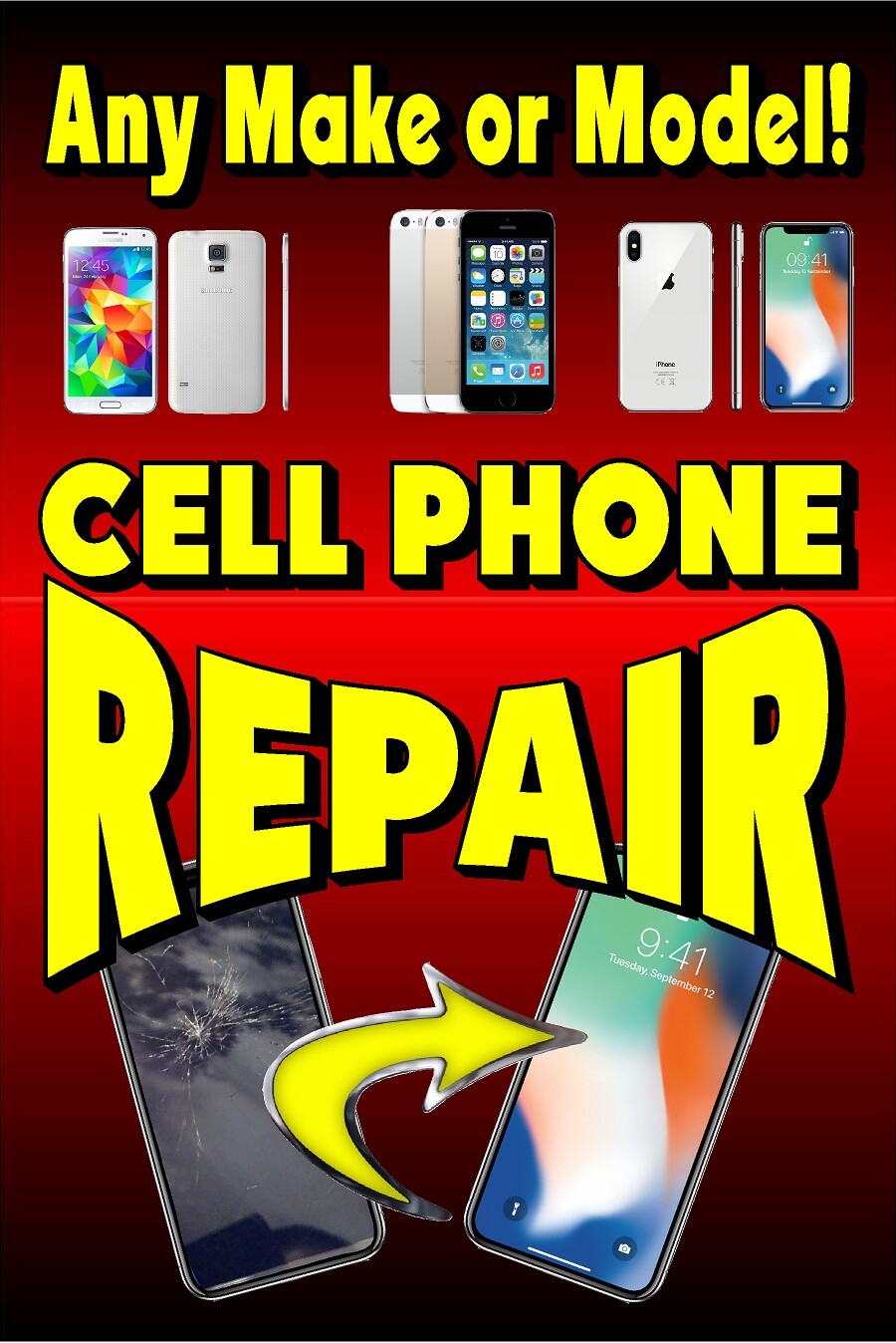 PERFORATED WINDOW VINYL DECAL 2&prime; X 3&prime; CELL PHONE REPAIR UNLOCKING SAMSUNG