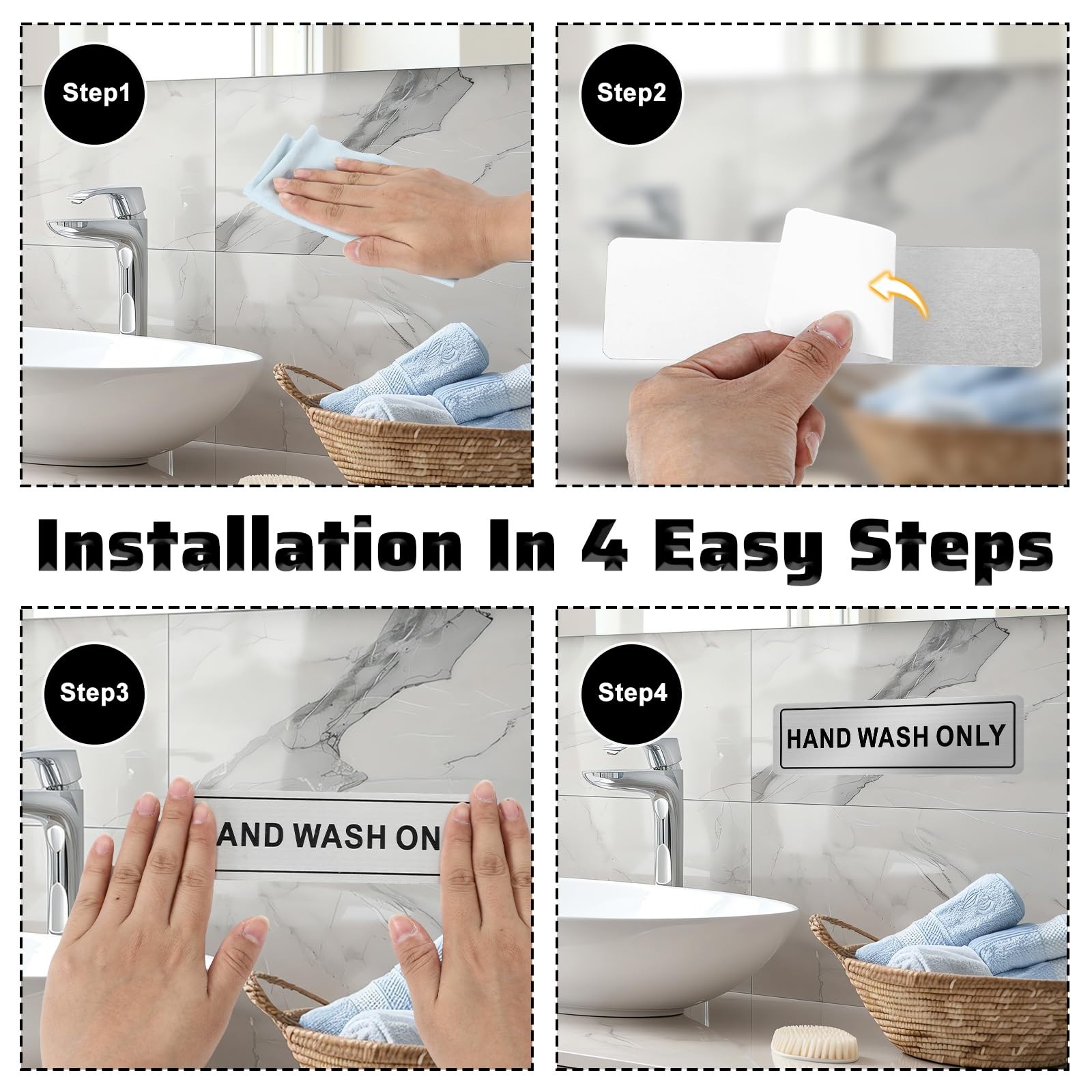 SelfAdhesive Wash Hands Bathroom Aluminum Metal Sign 7×2 Inch 4 PCS
