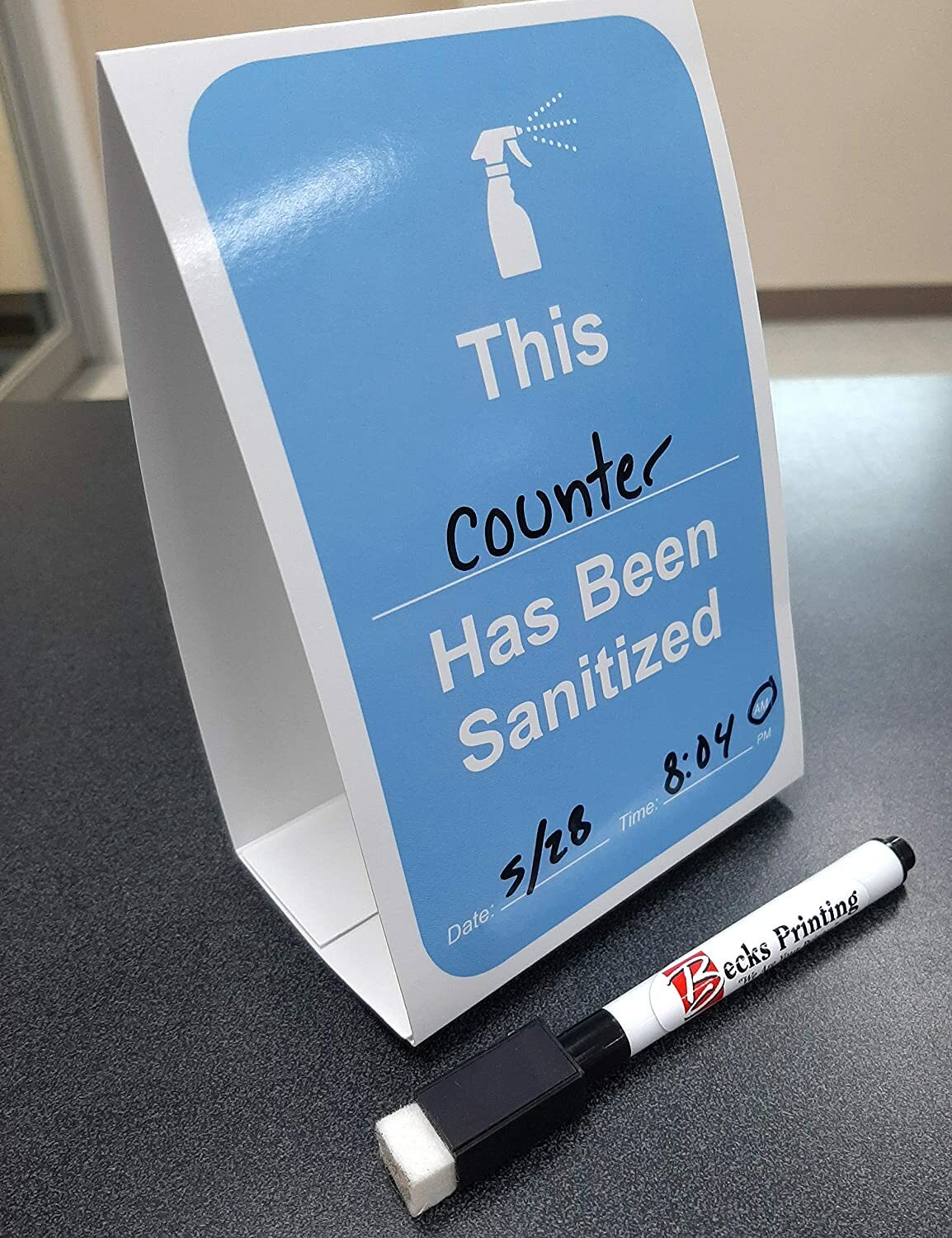 « This Has Been Sanitized » Table Tent w/ Dry Erase Reusable Surface- 25 pack