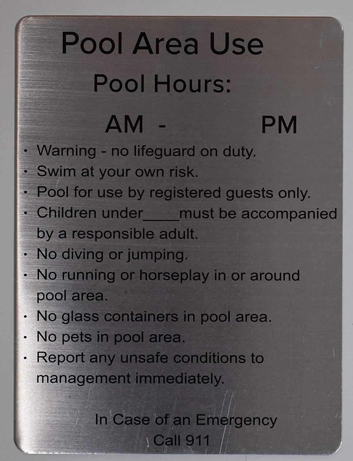 Pool Area use- Pool Hours Sign (Silver, Rust Free Aluminium 9×12)-REF24-1027