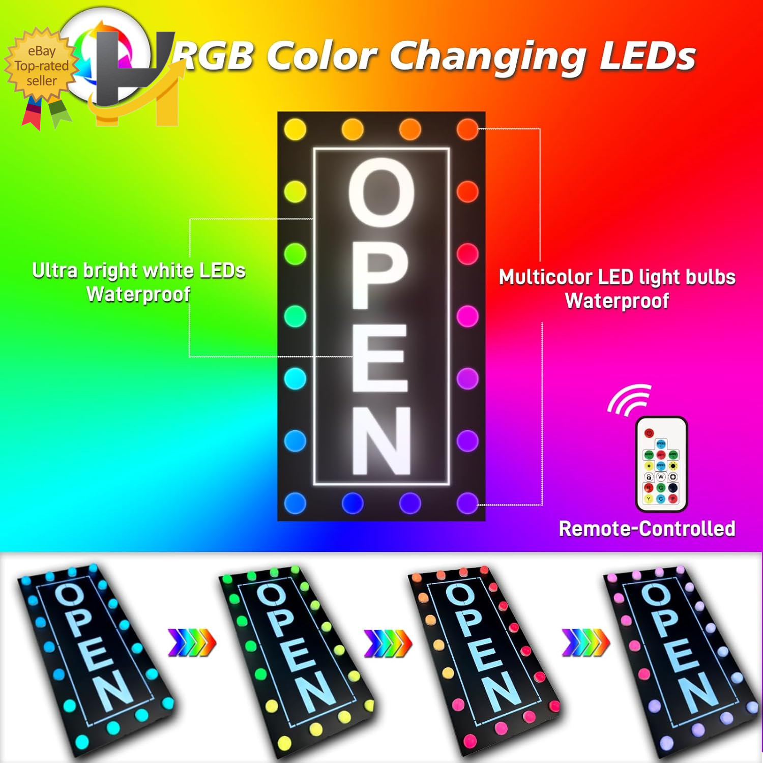 Vibrant Waterproof LED Open Sign – Color Changing RGB for Outdoor Business Use